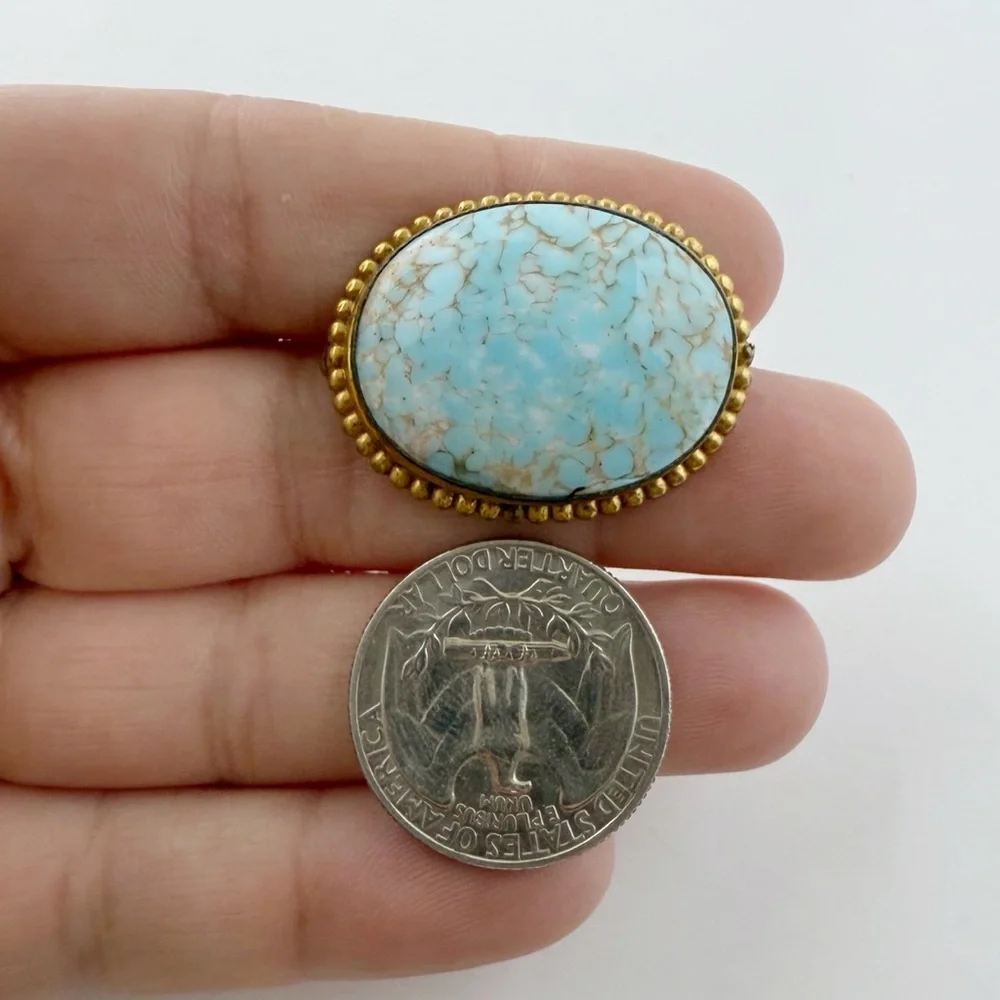 Vintage Turquoise Peking Glass Oval Brooch Goldtone Ball Bead Trim Framed